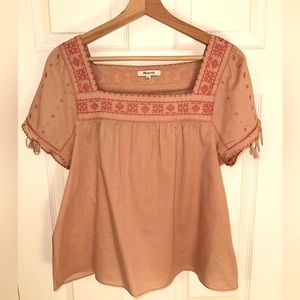 Madewell Pink Embroidered Tassel Sleeve Blouse EUC